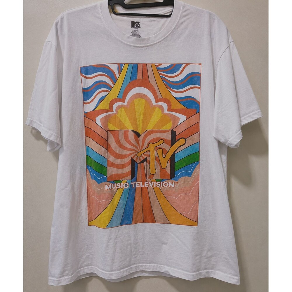 MTV T Shirt Mens Large White Retro Psychedelic Music Television Graphic Tee